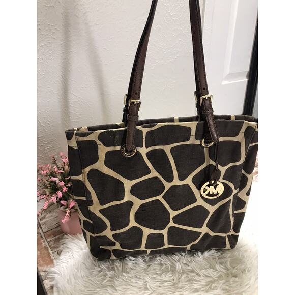 Michael Kors Tote Bag Brown Giraffe Print Canvas Shopper Shoulder Bag Pre-owned - Picture 3 of 11